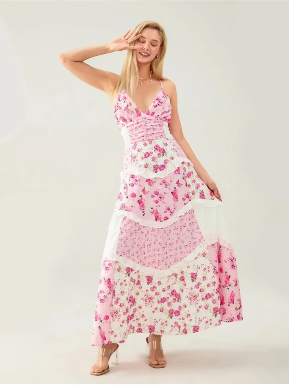 Pink Floral Tiered Maxi Dress with Spaghetti Straps